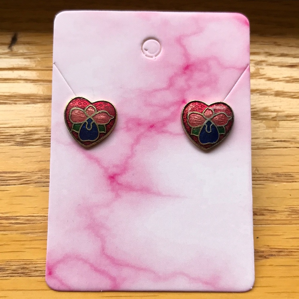 Vintage Cloisonné Heart Stud Earrings 🌺 with new backings, Iris, flower, iris